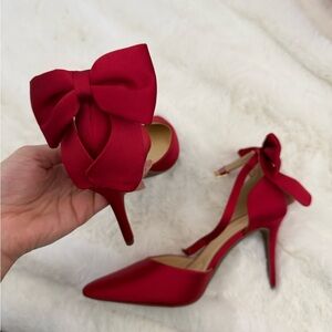 Red Satin Pointed-Toe Bow Ankle-Strap Heels